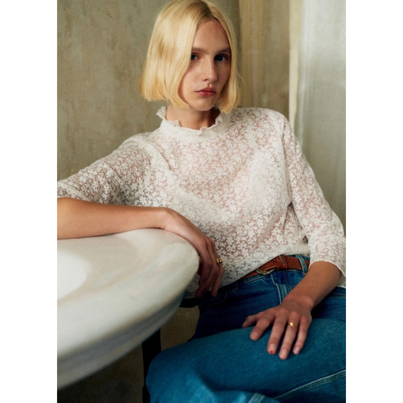 Sezane Tops - Sezane Amal Lace Sheer Mock Neck Blouse Size 38 Ecru Elegant Feminine Romantic